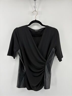 Black Faux-Leather Panel Draped Wrap Top
